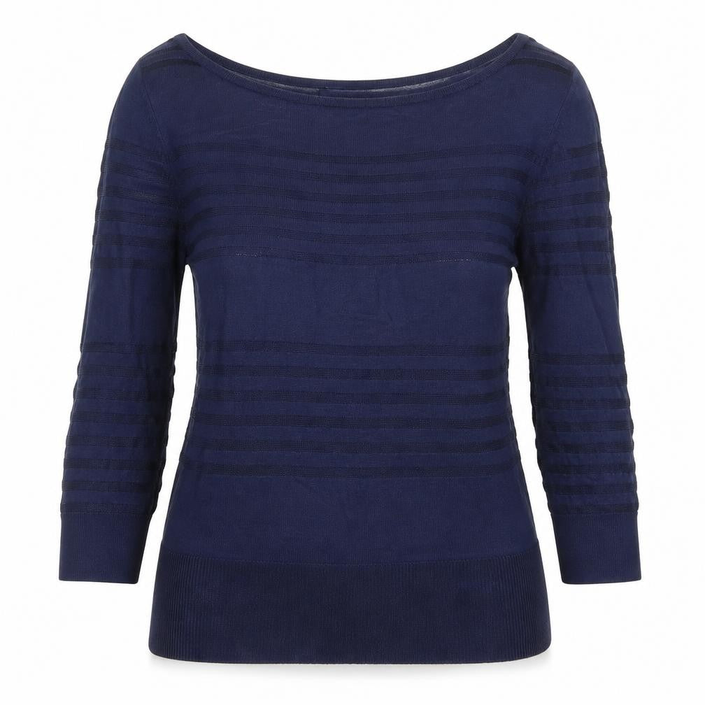 Front view of Melanie Lyne women’s blue boat neck striped nylon jumper, size S