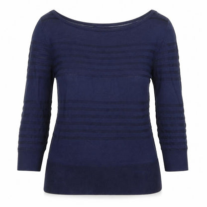 Front view of Melanie Lyne women’s blue boat neck striped nylon jumper, size S
