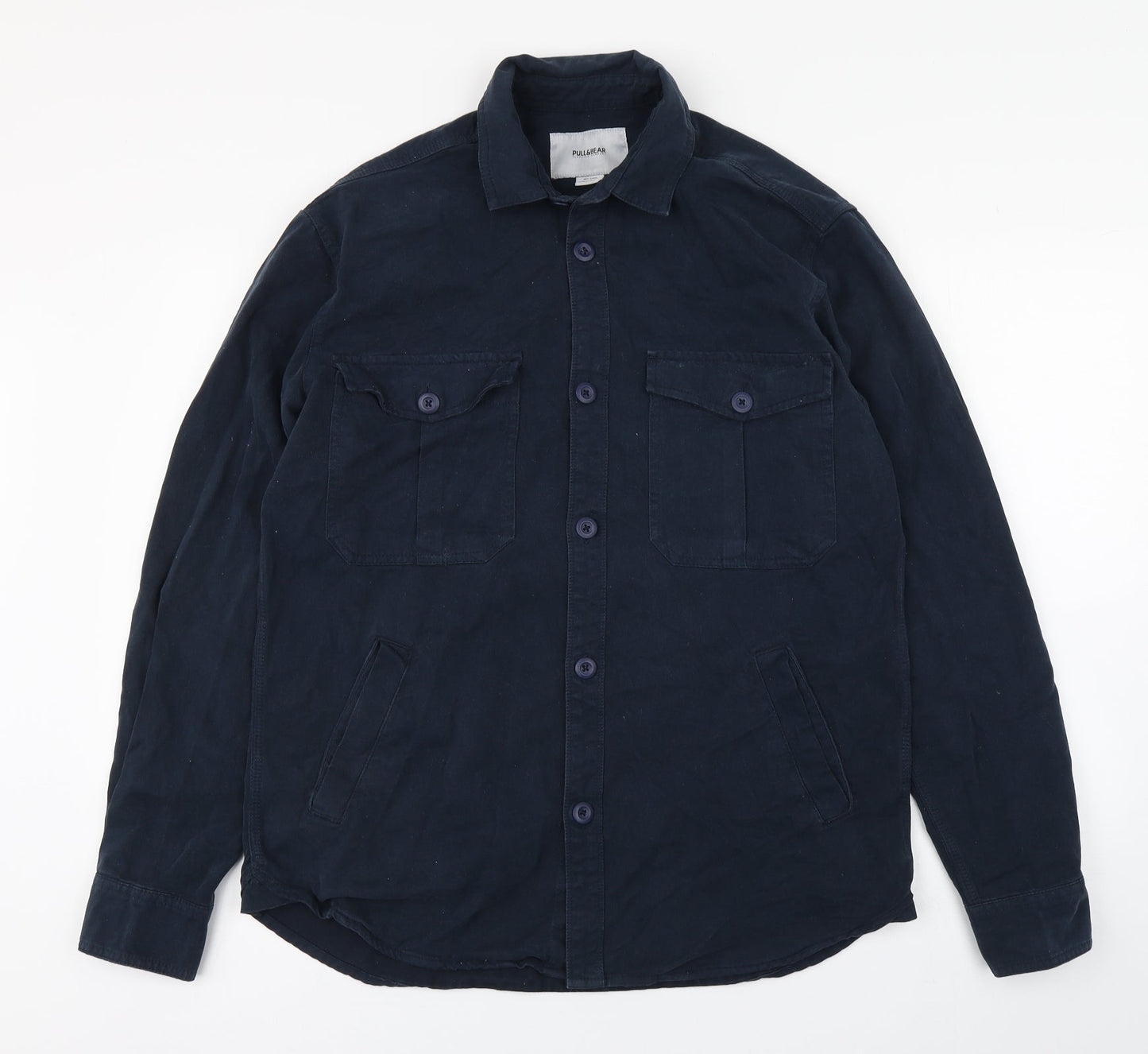 Pull&Bear Mens Blue  Cotton  Button-Up Size S Collared Button
