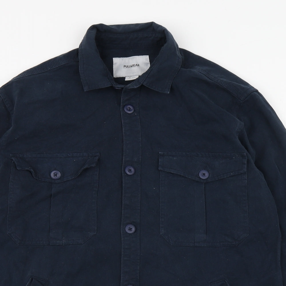 Pull&Bear Mens Blue  Cotton  Button-Up Size S Collared Button