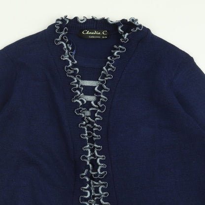 Claudia C Womens Blue Crew Neck Striped Acrylic Cardigan Jumper Size S