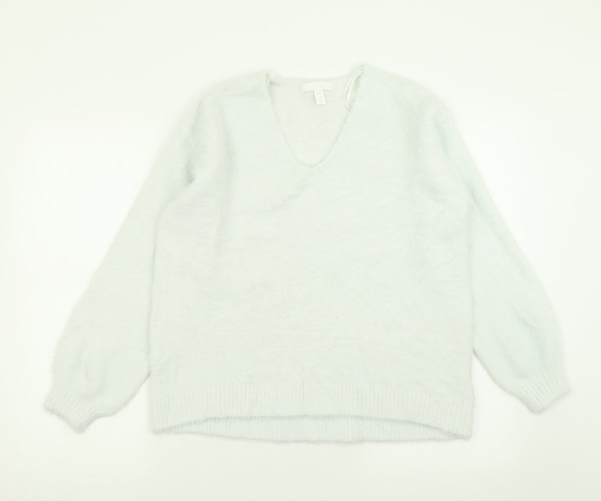 Additional front view of H&M women’s blue v-neck acrylic jumper, size M