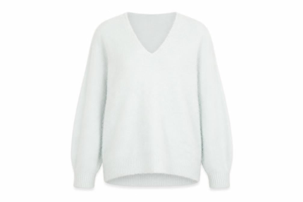 Front view of H&M women’s blue v-neck acrylic jumper, size M