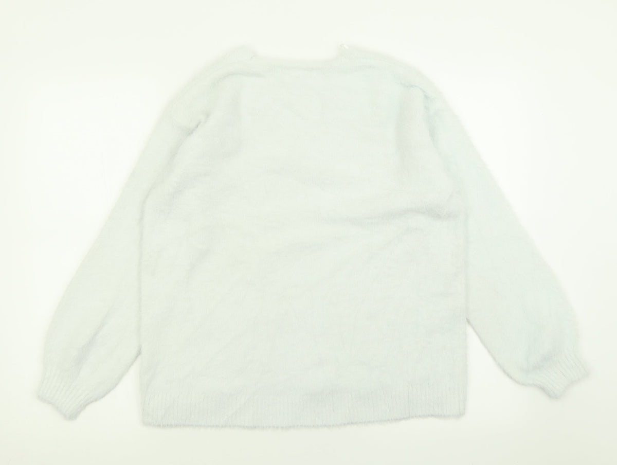 Back view of H&M women’s blue v-neck acrylic jumper, size M