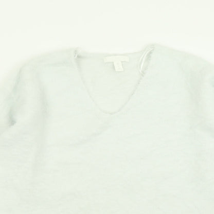 Close-up detail of H&M women’s blue v-neck acrylic jumper, size M