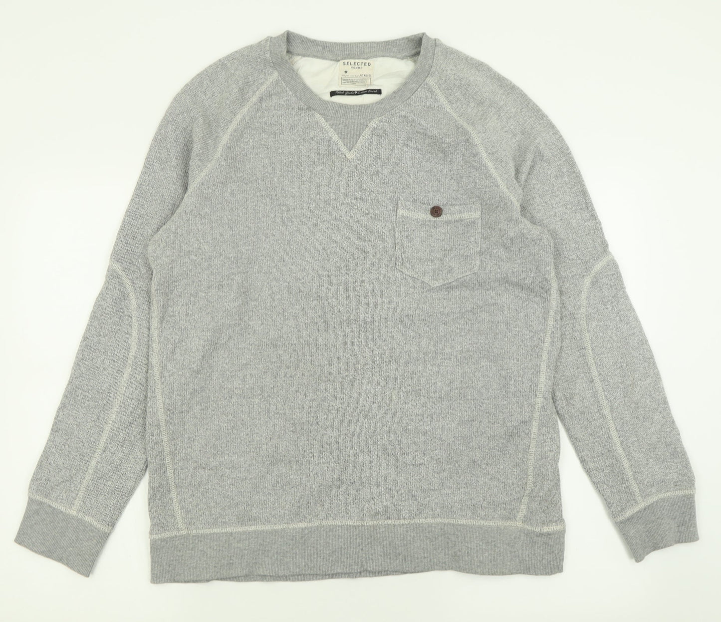 Selected Mens Grey Crew Neck  Cotton Pullover Jumper Size XL