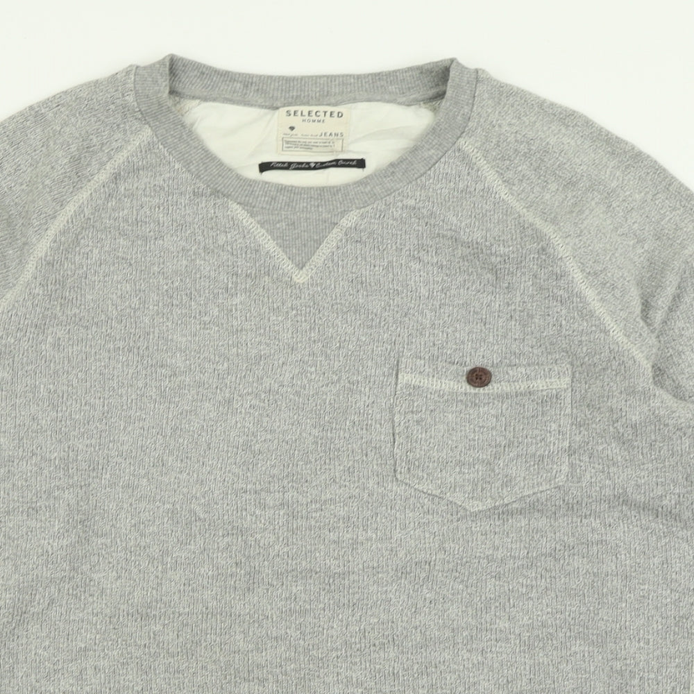 Selected Mens Grey Crew Neck  Cotton Pullover Jumper Size XL