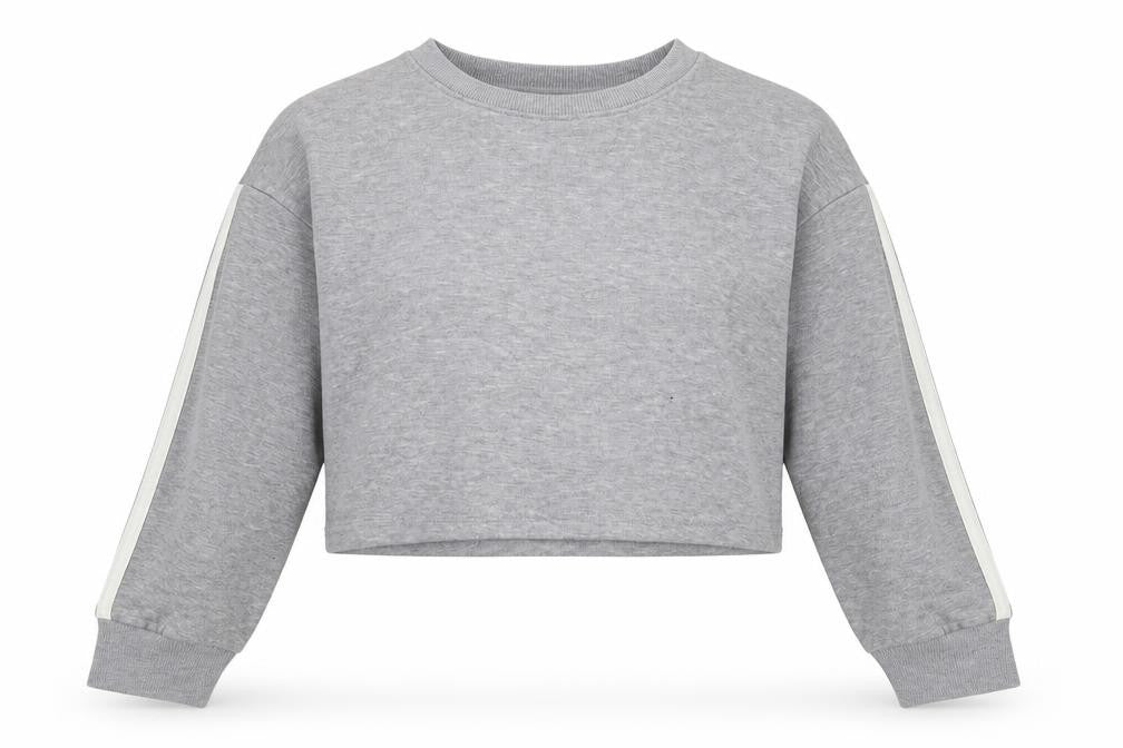 Front view of Boohoo women’s grey striped polyester pullover sweatshirt, size UK 12, pullover