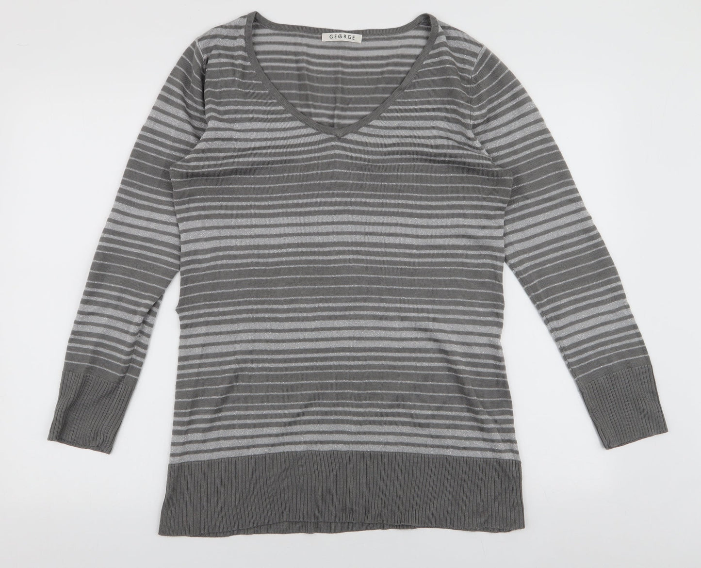 George Womens Grey V-Neck Striped Acrylic Pullover Jumper Size 12
