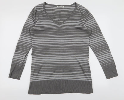 George Womens Grey V-Neck Striped Acrylic Pullover Jumper Size 12