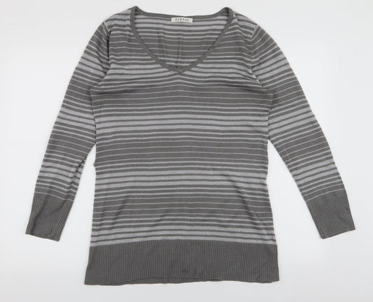 George Womens Grey V-Neck Striped Acrylic Pullover Jumper Size 12
