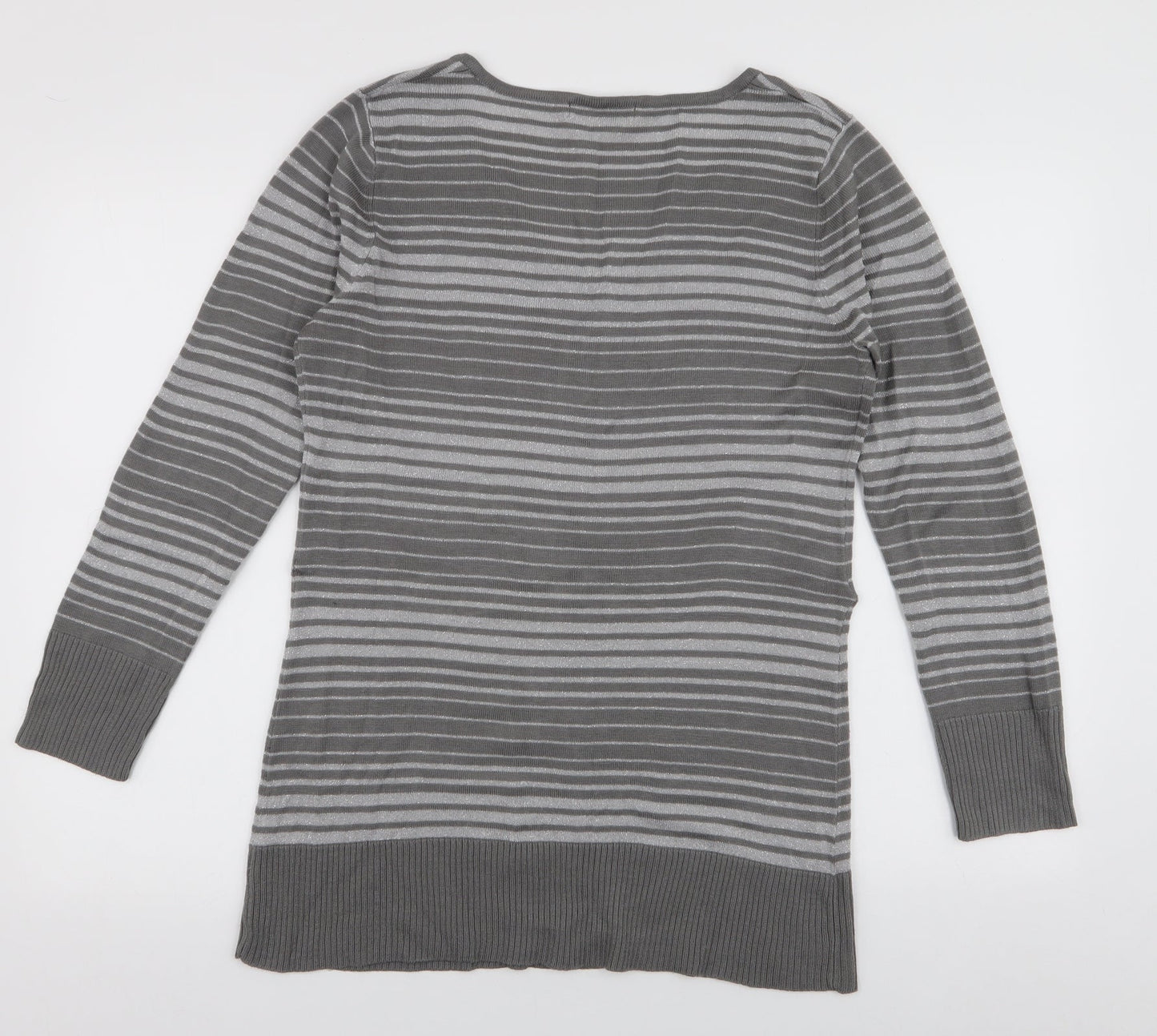 George Womens Grey V-Neck Striped Acrylic Pullover Jumper Size 12