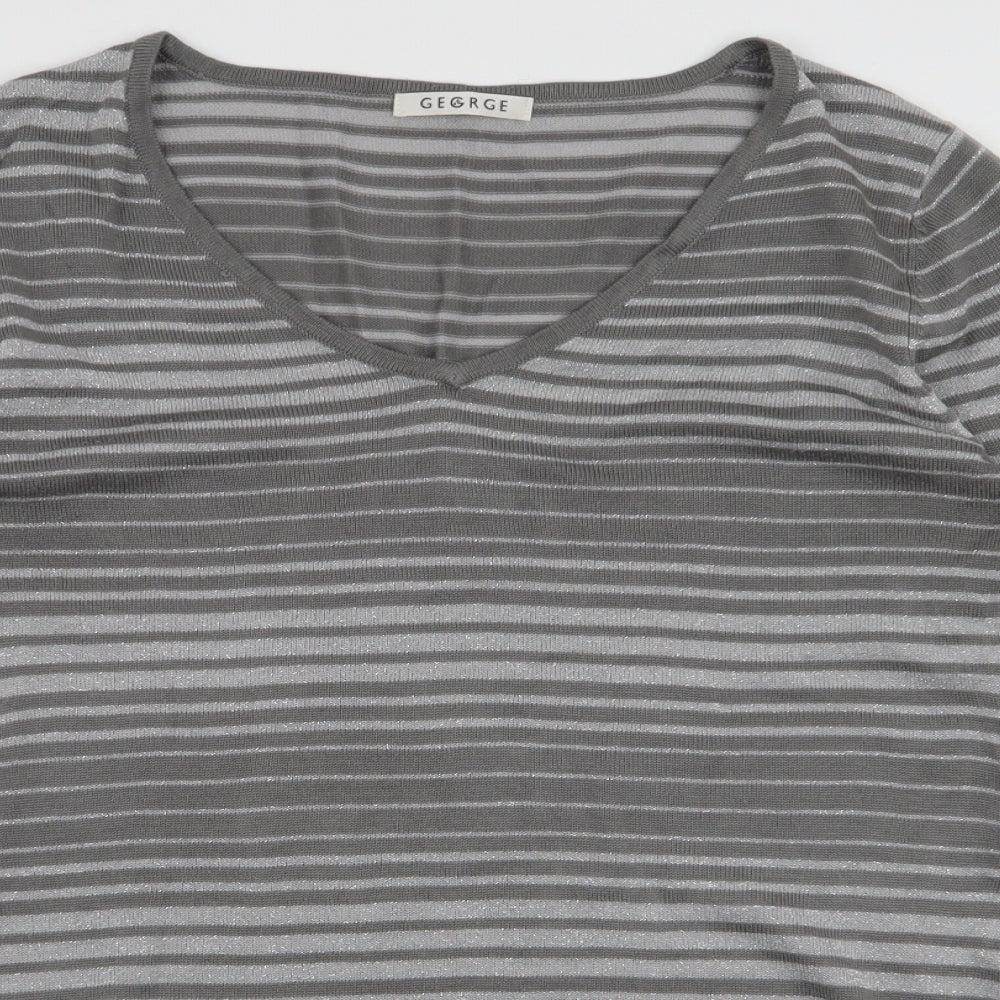 George Womens Grey V-Neck Striped Acrylic Pullover Jumper Size 12