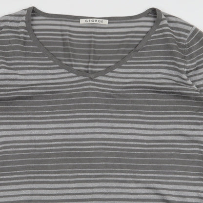 George Womens Grey V-Neck Striped Acrylic Pullover Jumper Size 12