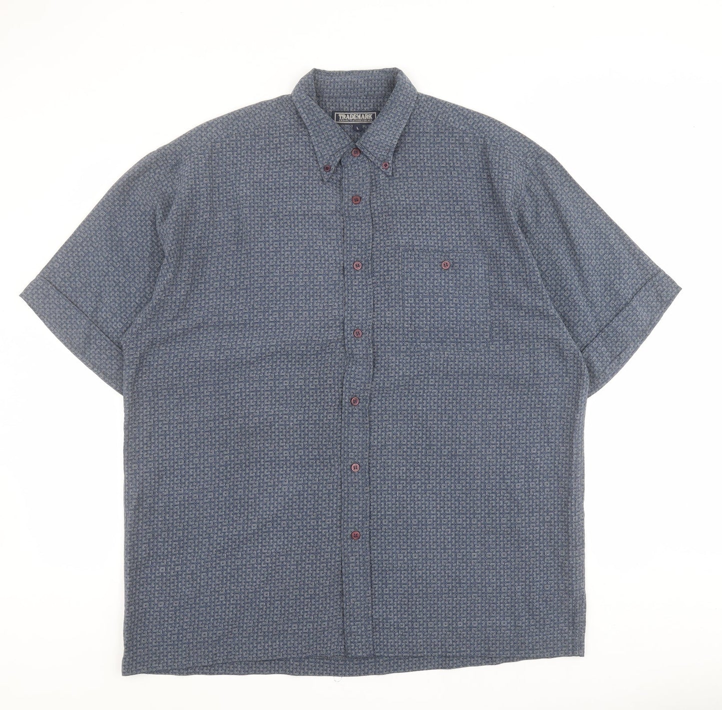 Mens UK Size L Trademark Blue  Button-Up Short Sleeve Casual Shirt
