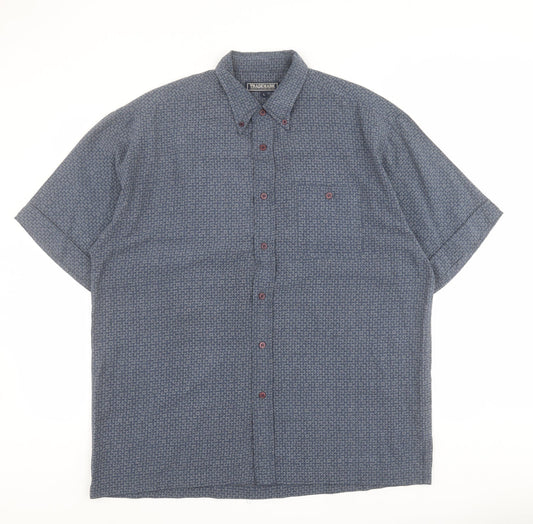 Trademark Mens Blue Geometric Polyester  Button-Up Size L Collared Button