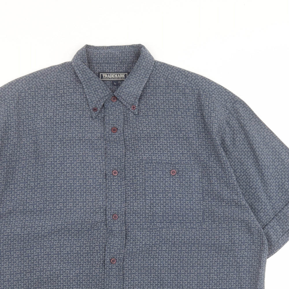Mens UK Size L Trademark Blue  Button-Up Short Sleeve Casual Shirt