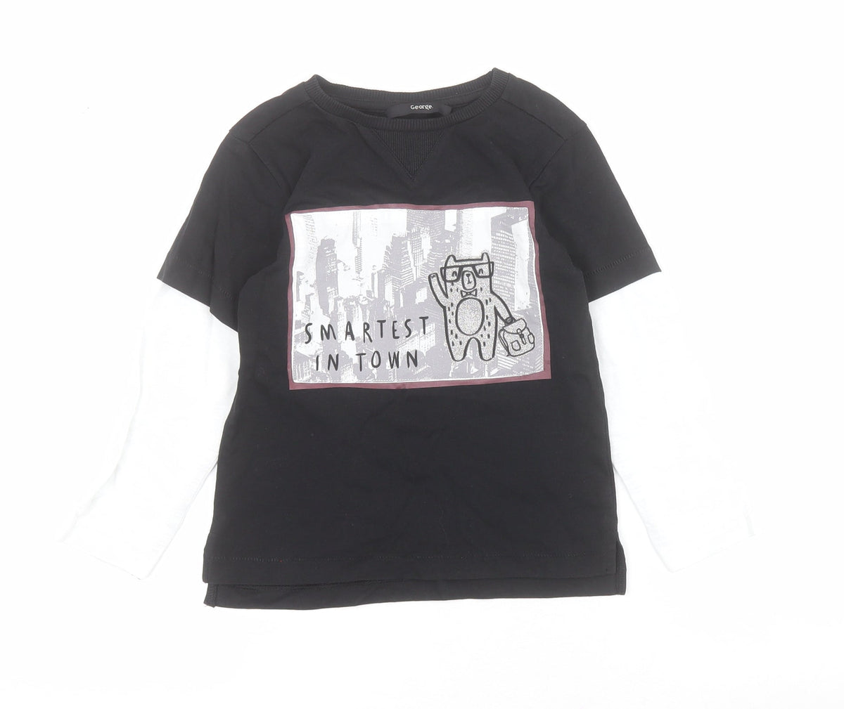 Additional front view of George boys’ black 100% cotton pullover polo, size 2-3, years crew neck pullover