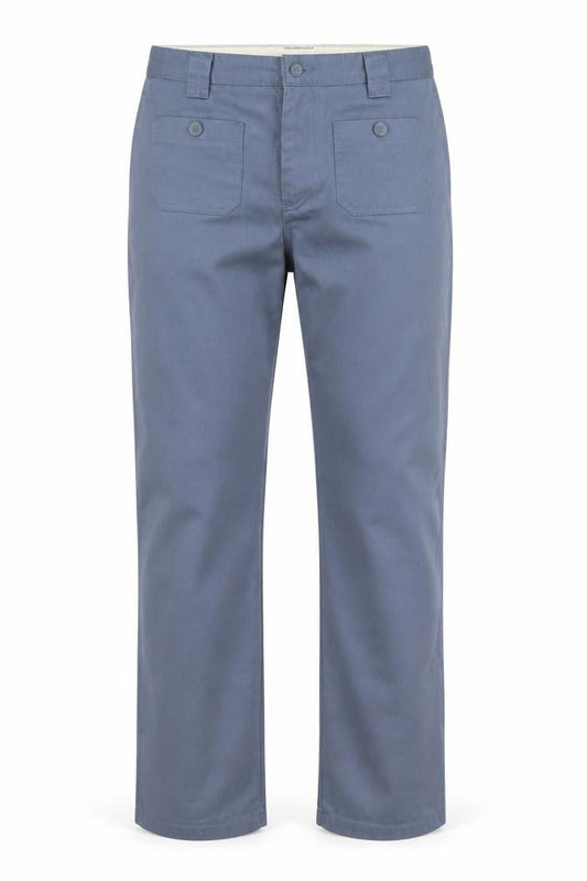 Front view of Preworn women’s blue polyester straight jeans, size UK 16, 32-inch leg regular button