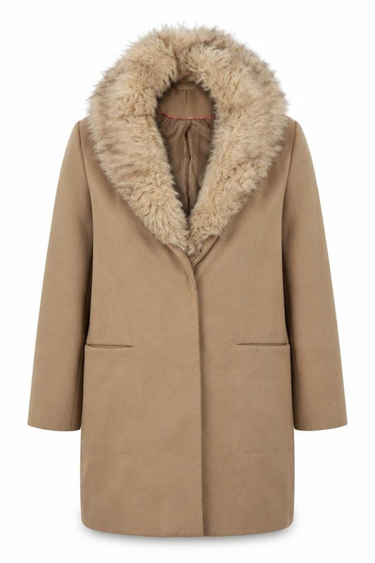 Front view of Atmosphere women’s beige pea coat coat, size UK 8, button
