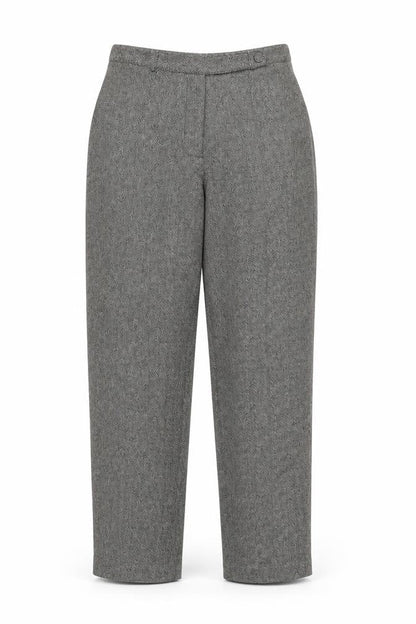Front view of Equivoque women’s beige viscose trousers, size UK 14, 30-inch leg regular button