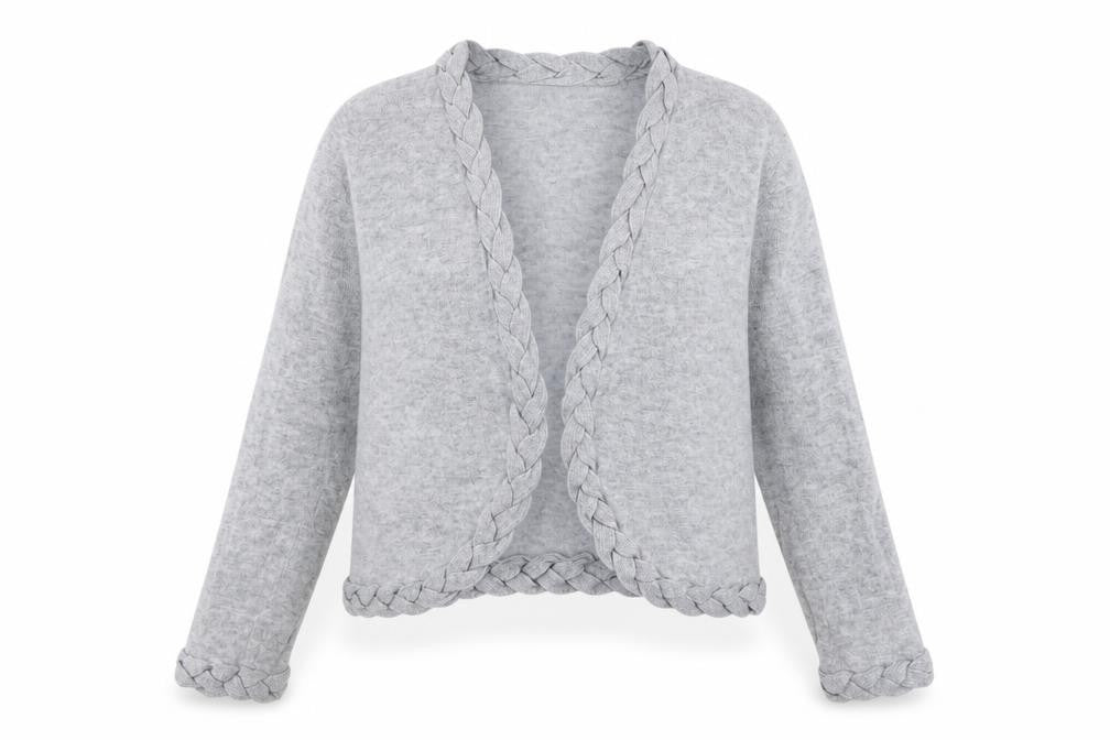 Front view of M&Co women’s grey v-neck viscose cardigan jumper, size L