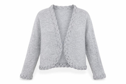 Front view of M&Co women’s grey v-neck viscose cardigan jumper, size L