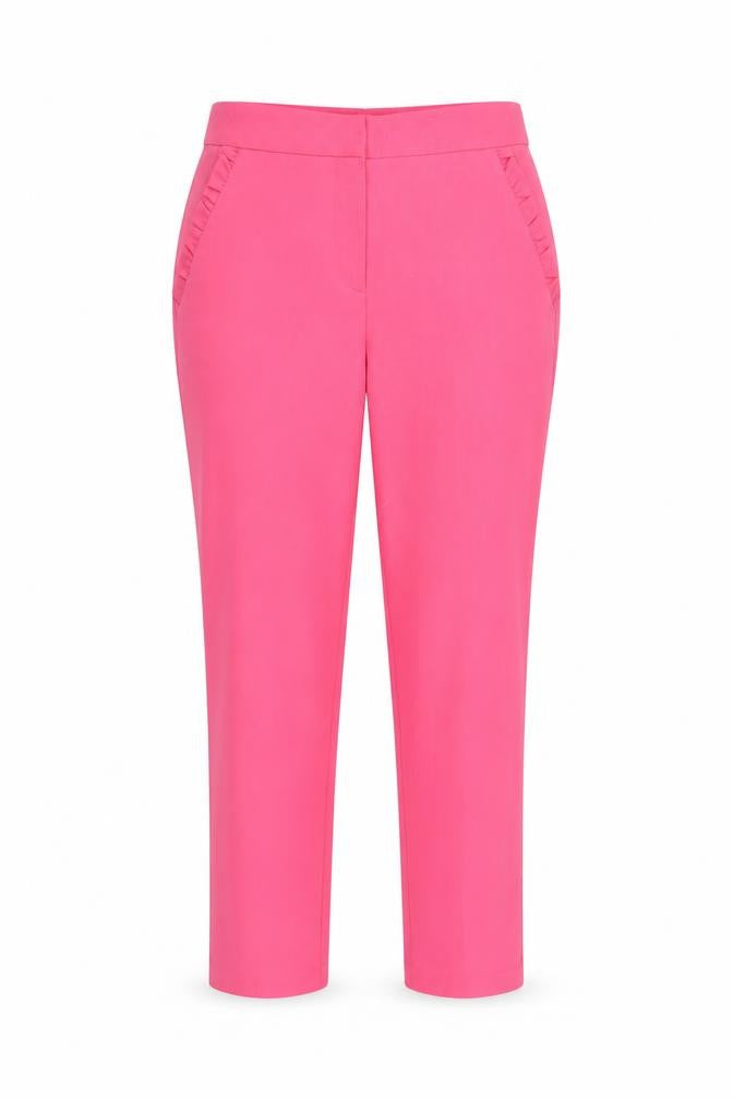 Front view of F&F women’s pink polyester carrot trousers, size UK 8, 26-inch leg regular zip