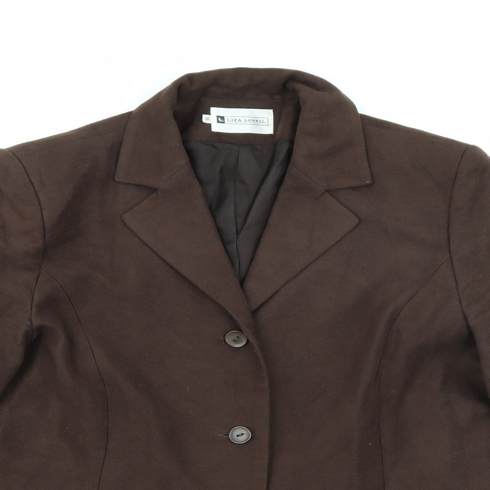 Close-up detail of Liza Lovell women’s brown polyester jacket blazer, size UK 16