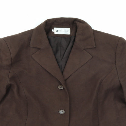 Close-up detail of Liza Lovell women’s brown polyester jacket blazer, size UK 16