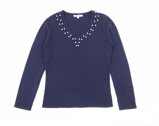 Klass Womens Blue V-Neck  Acrylic Pullover Jumper Size S