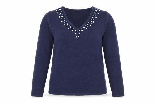 Front view of Klass women’s blue v-neck acrylic jumper, size S