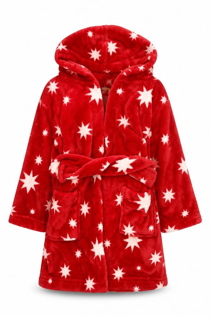 Front view of John Lewis girls’ red solid polyester kimono gown, size 3, years tie - stars