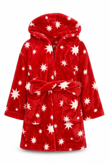 Front view of John Lewis girls’ red solid polyester kimono gown, size 3, years tie - stars