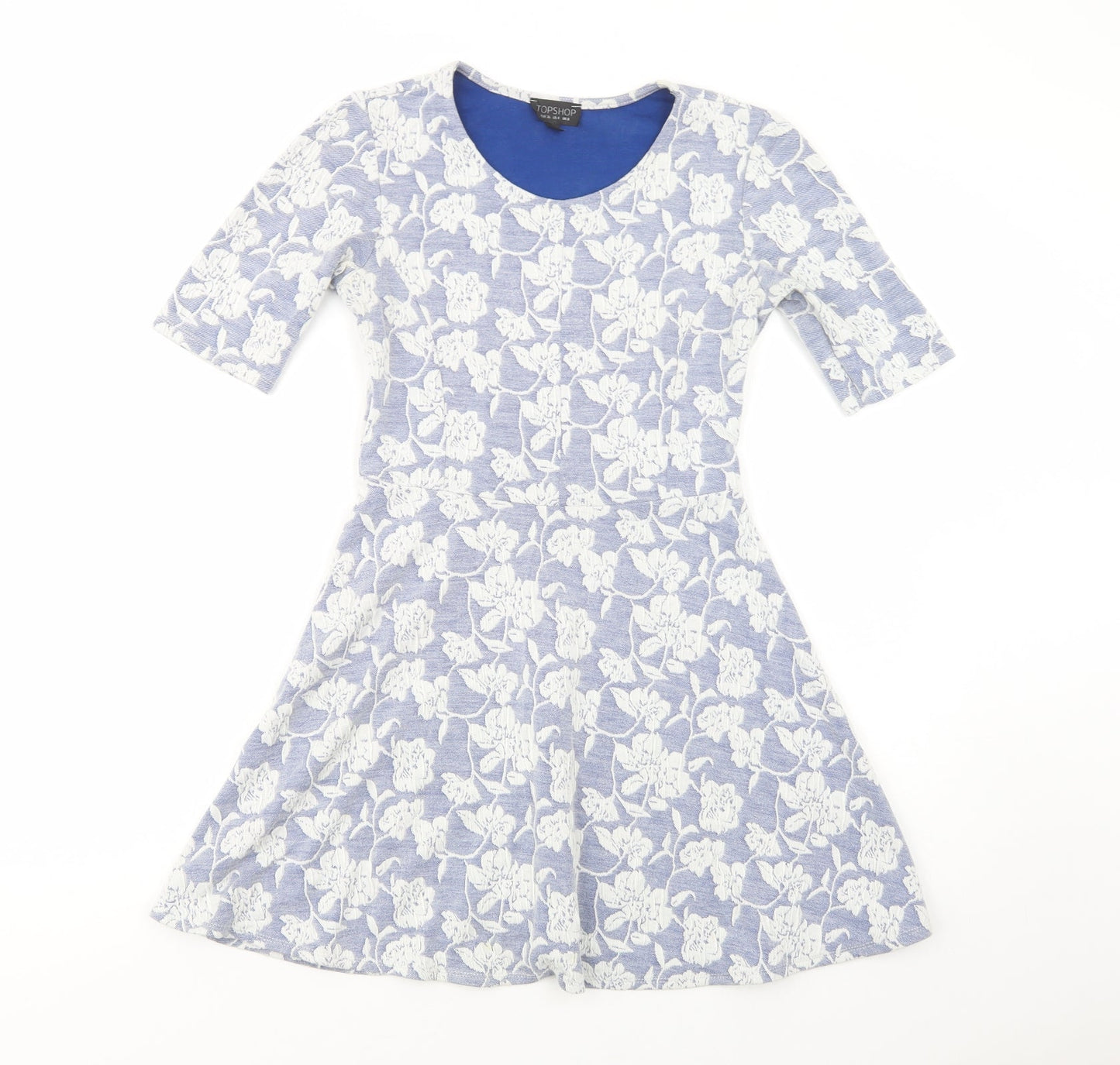 Topshop Womens Blue Floral Polyester Skater Dress  Size 8  Scoop Neck Pullover