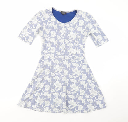 Topshop Womens Blue Floral Polyester Skater Dress  Size 8  Scoop Neck Pullover