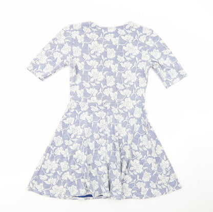 Topshop Womens Blue Floral Polyester Skater Dress  Size 8  Scoop Neck Pullover