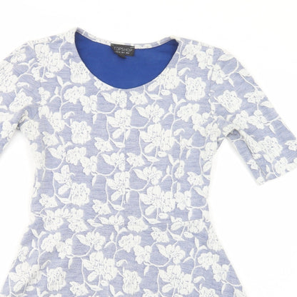 Topshop Womens Blue Floral Polyester Skater Dress  Size 8  Scoop Neck Pullover