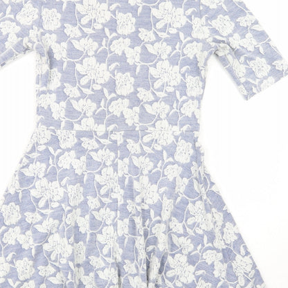 Topshop Womens Blue Floral Polyester Skater Dress  Size 8  Scoop Neck Pullover