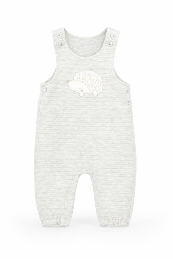 Front view of Tu Baby Grey Polyester Dungaree Outfit/Set, size 3-6, Months Button - Hedgehog