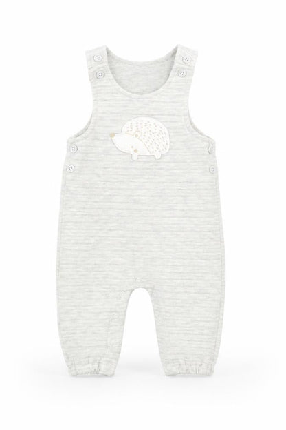 Front view of Tu Baby Grey Polyester Dungaree Outfit/Set, size 3-6, Months Button - Hedgehog