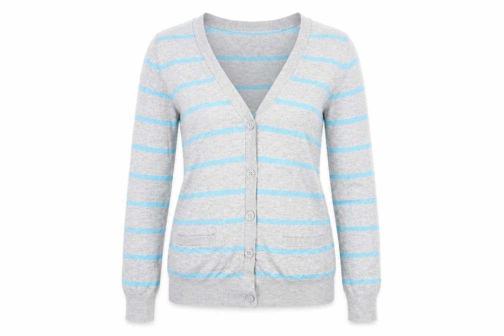 Front view of River Island women’s grey v-neck striped viscose cardigan jumper, size UK 10