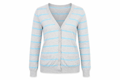 Front view of River Island women’s grey v-neck striped viscose cardigan jumper, size UK 10