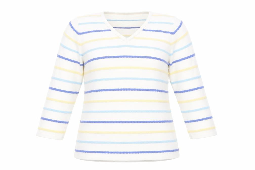 Front view of Isle women’s white v-neck striped cotton jumper, size UK 10