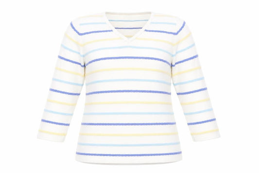 Front view of Isle women’s white v-neck striped cotton jumper, size UK 10