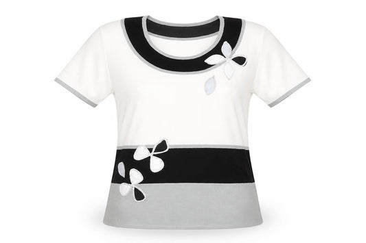 Front view of Roman women’s white striped viscose basic blouse, size S, scoop neck - flower detail