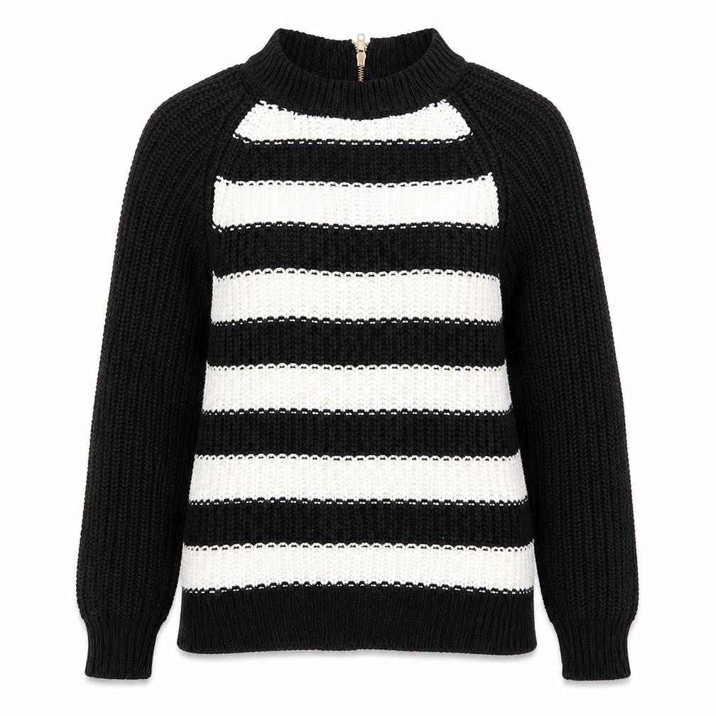 Front view of Atmosphere women’s black crew neck striped acrylic jumper, size UK 6, - black and white