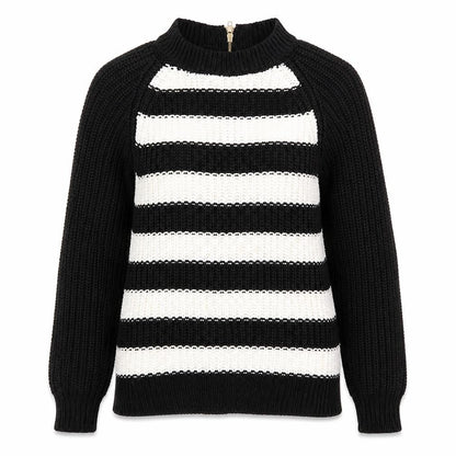 Front view of Atmosphere women’s black crew neck striped acrylic jumper, size UK 6, - black and white