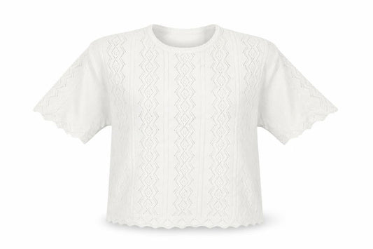 Front view of Berkertex women’s white crew neck geometric cotton jumper, size L