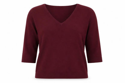 Front view of Debenhams women’s red v-neck viscose jumper, size M